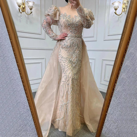 Muslim Nude Balloon Sleeves Beaded Mermaid Evening Dresses Gowns 2025  Luxury With Overskirt For Woman Party LA71352