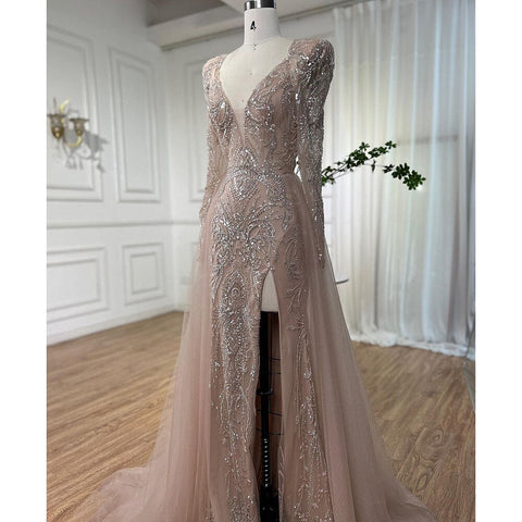 Vestidos de noche musulmanes elegantes de sirena con escote en V y cuentas, de lujo, para mujer, para fiesta de boda, LA72141 