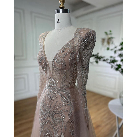 Vestidos de noche musulmanes elegantes de sirena con escote en V y cuentas, de lujo, para mujer, para fiesta de boda, LA72141 