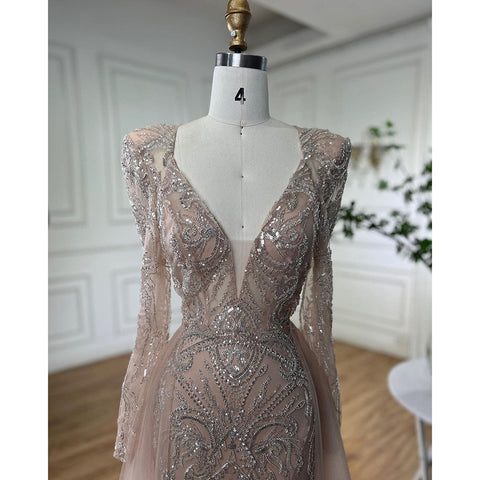 Vestidos de noche musulmanes elegantes de sirena con escote en V y cuentas, de lujo, para mujer, para fiesta de boda, LA72141 