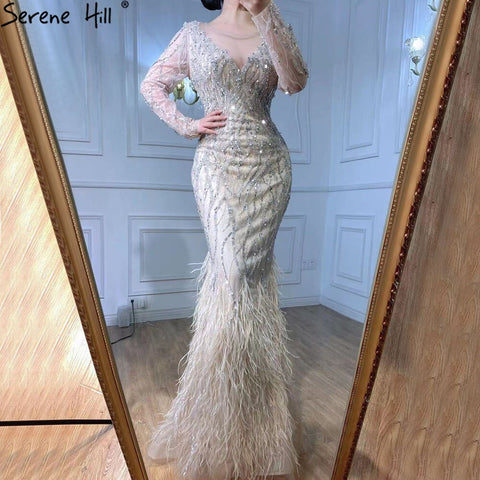 Muslim Nude Meramid Luxury Evening Dresses Gowns Beaded Feathers Elegant 2025 For Women Party LA71093