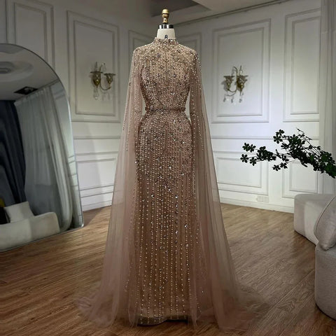 Muslim Nude Mermaid Cape Sleeves Pearls Beaded Luxury Dubai Evening Dresses Gowns 2025 Women Wedding Party LA72372