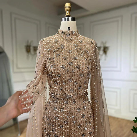 Muslim Nude Mermaid Cape Sleeves Pearls Beaded Luxury Dubai Evening Dresses Gowns 2025 Women Wedding Party LA72372