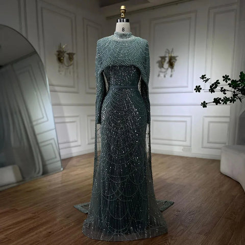 Luxury  Muslim  Cape Dubai Arabia Evening Dresses Nude Mermaid Gowns for Party LA72032m