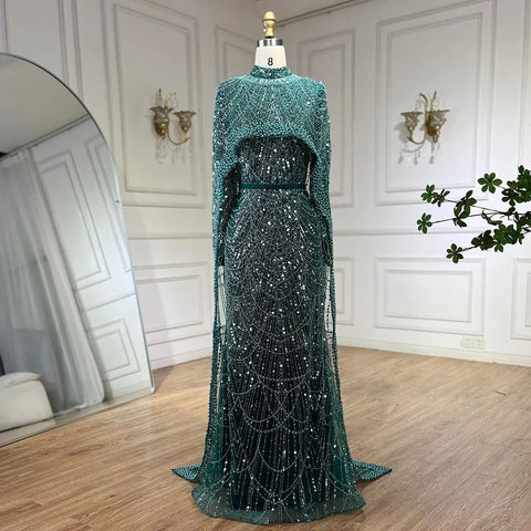 Luxury  Muslim  Cape Dubai Arabia Evening Dresses Nude Mermaid Gowns for Party LA72032m