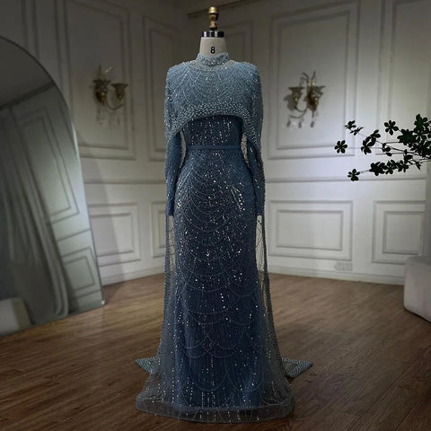 Luxury  Muslim  Cape Dubai Arabia Evening Dresses Nude Mermaid Gowns for Party LA72032m