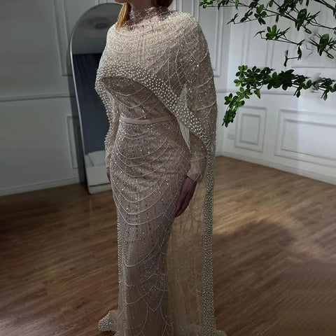Luxury  Muslim  Cape Dubai Arabia Evening Dresses Nude Mermaid Gowns for Party LA72032m