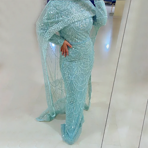 Luxury  Muslim  Cape Dubai Arabia Evening Dresses Nude Mermaid Gowns for Party LA72032m