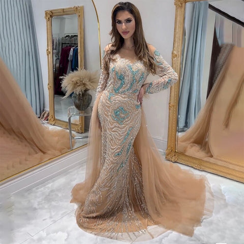 Vestido de noche largo musulmán de sirena con sobrefalda y cuentas, corte nude, para mujer, para boda, 2025, LA71995 