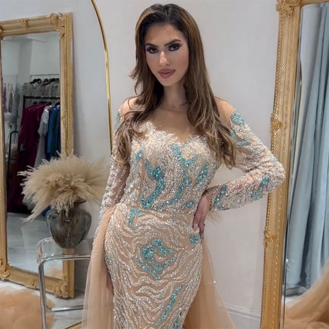 Vestido de noche largo musulmán de sirena con sobrefalda y cuentas, corte nude, para mujer, para boda, 2025, LA71995 