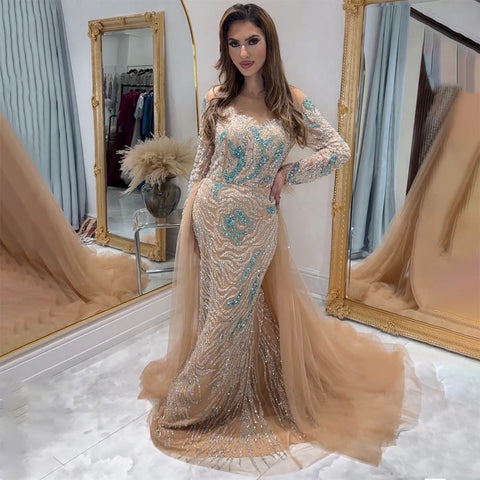 Vestido de noche largo musulmán de sirena con sobrefalda y cuentas, corte nude, para mujer, para boda, 2025, LA71995 