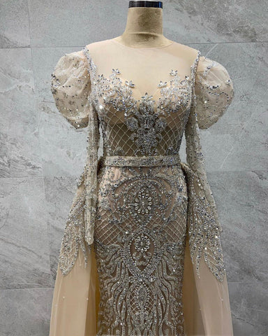 Vestido de noche musulmán de sirena color plata nude, elegante y lujoso, con cuentas, para mujer, para fiesta, LA71352 