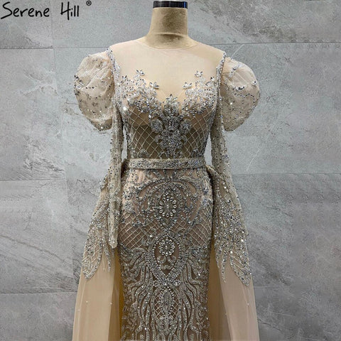 Vestido de noche musulmán de sirena color plata nude, elegante y lujoso, con cuentas, para mujer, para fiesta, LA71352 