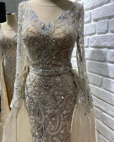 Robe de soirée musulmane couleur chair argentée, style sirène, luxueuse et élégante, avec perles, pour femme, modèle LA71353, 2025 