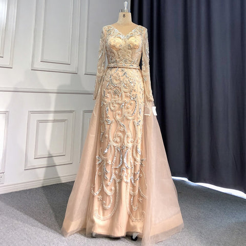 Robe de soirée musulmane couleur chair argentée, style sirène, luxueuse et élégante, avec perles, pour femme, modèle LA71353, 2025 