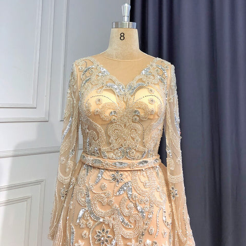 Robe de soirée musulmane couleur chair argentée, style sirène, luxueuse et élégante, avec perles, pour femme, modèle LA71353, 2025 