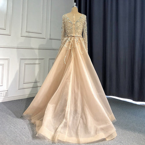 Robe de soirée musulmane couleur chair argentée, style sirène, luxueuse et élégante, avec perles, pour femme, modèle LA71353, 2025 