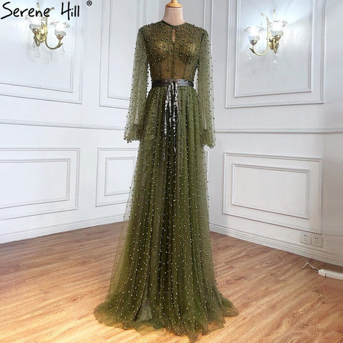 Muslim Olive Green Evening Dresses Gowns 2025 Luxury Pearls Long Lantern Sleeve For Women Party LA70885