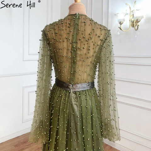 Muslim Olive Green Evening Dresses Gowns 2025 Luxury Pearls Long Lantern Sleeve For Women Party LA70885