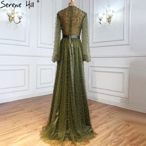 Muslim Olive Green Evening Dresses Gowns 2025 Luxury Pearls Long Lantern Sleeve For Women Party LA70885