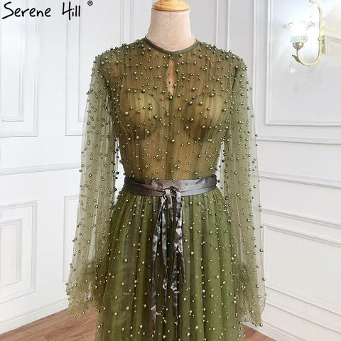 Muslim Olive Green Evening Dresses Gowns 2025 Luxury Pearls Long Lantern Sleeve For Women Party LA70885