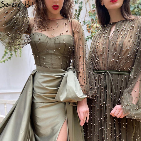 Muslim Olive Green Evening Dresses Gowns 2025 Luxury Pearls Long Lantern Sleeve For Women Party LA70885