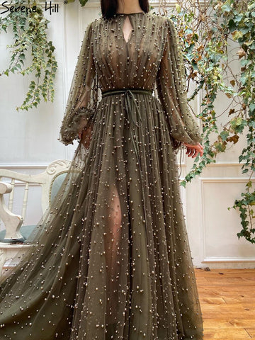 Muslim Olive Green Evening Dresses Gowns 2025 Luxury Pearls Long Lantern Sleeve For Women Party LA70885