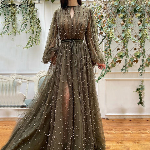Muslim Olive Green Evening Dresses Gowns 2025 Luxury Pearls Long Lantern Sleeve For Women Party LA70885