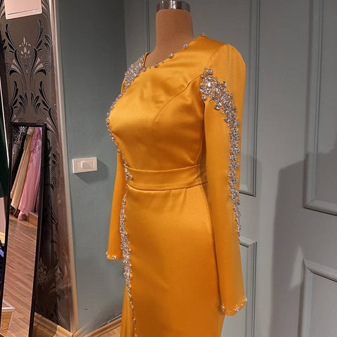 Muslim Orange Overskirt Evening Gowns 2025 Mermaid Elegant Luxury Beaded For Women Party LA71512