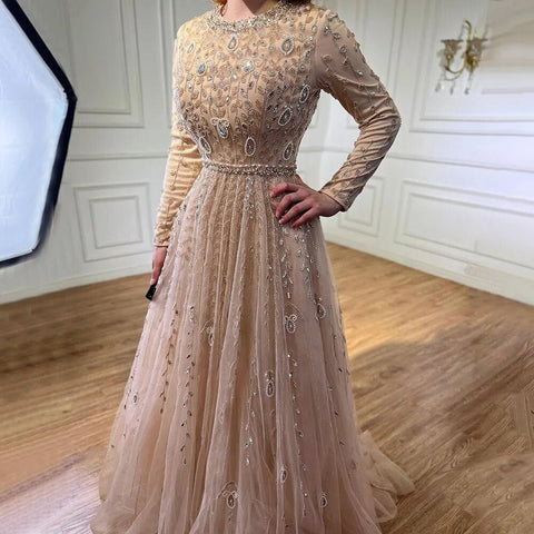 Muslim Pink A Line Beaded Dubai Luxury Evening Dresses Gowns For Women Wedding Party Plus Size 2025 LA71803C