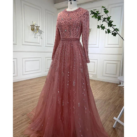 Muslim Pink A Line Beaded Dubai Luxury Evening Dresses Gowns For Women Wedding Party Plus Size 2025 LA71803C