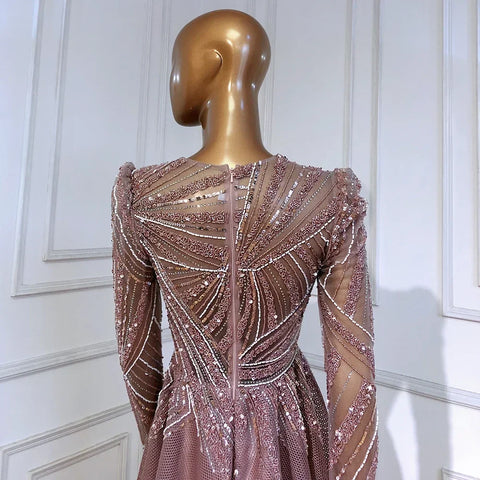 Robe de soirée de luxe rose style musulman, coupe trapèze, ornée de perles, pour femme, tenue de mariage, modèle LA71290A, 2025 