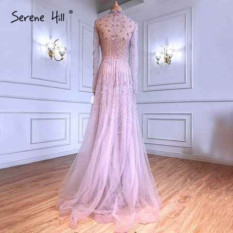 Robe de soirée trapèze rose musulmane, luxueuse, ornée de perles et de cristaux, pour femme, LA71227A, 2025 