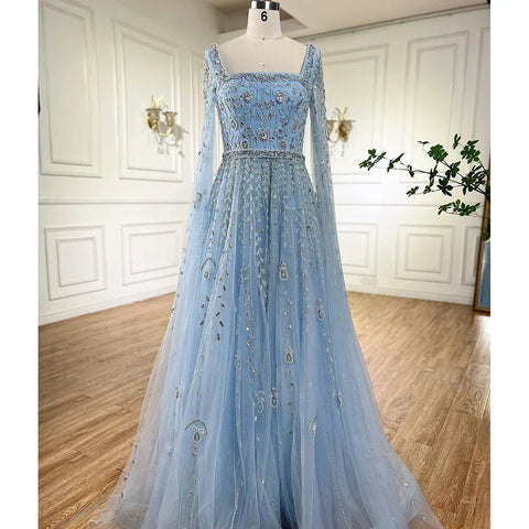 Muslim Pink Beaded A-Line Square Collar Luxury Dubai Evening Dress Gown LA71803A