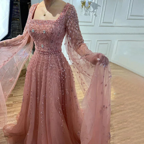 Muslim Pink Beaded A-Line Square Collar Luxury Dubai Evening Dress Gown LA71803A