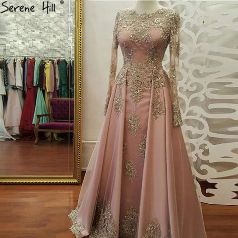 Muslim Pink Beaded Evening Dresses Gowns 2025 Elegant Luxury Overskirt For Women Party LA71276