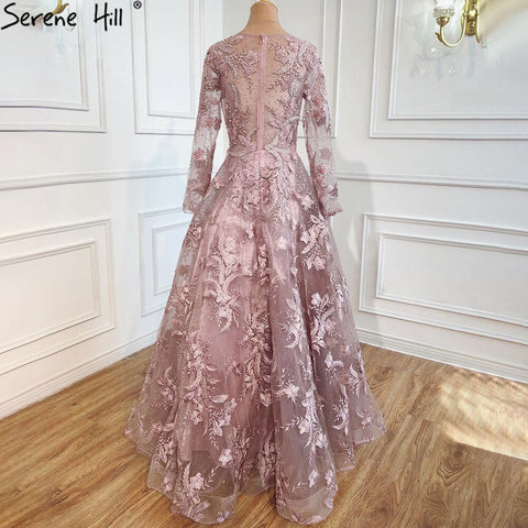 Vestidos de noche musulmanes largos de lujo con encaje rosa y cuentas, corte A, con cristales, vestidos formales para mujer, fiesta 2025 LA70708 