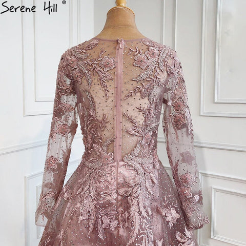 Vestidos de noche musulmanes largos de lujo con encaje rosa y cuentas, corte A, con cristales, vestidos formales para mujer, fiesta 2025 LA70708 
