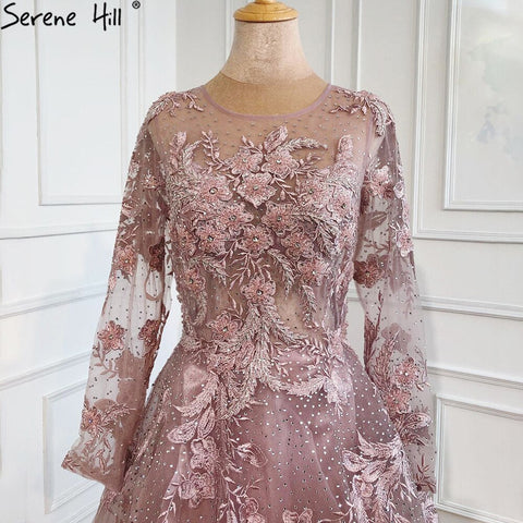 Vestidos de noche musulmanes largos de lujo con encaje rosa y cuentas, corte A, con cristales, vestidos formales para mujer, fiesta 2025 LA70708 