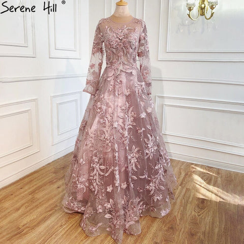 Vestidos de noche musulmanes largos de lujo con encaje rosa y cuentas, corte A, con cristales, vestidos formales para mujer, fiesta 2025 LA70708 