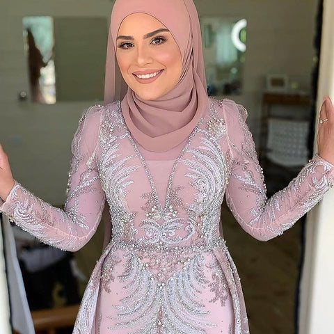 Robe de soirée sirène rose élégante et luxueuse, avec jupe perlée, pour femme musulmane, modèle LA71572, 2025 