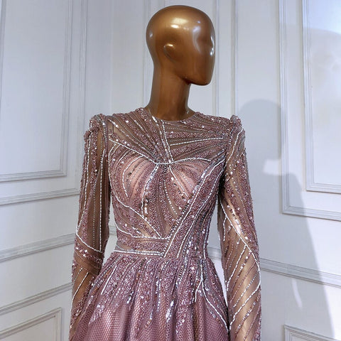 Robe de soirée rose musulmane, robe trapèze perlée, luxueuse, pour femme, modèle 2025, pour mariage, LA71290L 