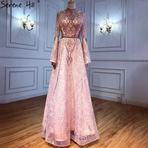 Muslim Pink Lace Beaded Evening Dresses Gowns 2025 A-Line Luxury For Women Wedding Party LA71247