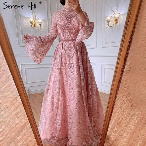 Muslim Pink Lace Beaded Evening Dresses Gowns 2025 A-Line Luxury For Women Wedding Party LA71247