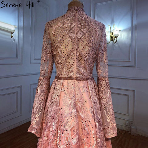 Muslim Pink Lace Beaded Evening Dresses Gowns 2025 A-Line Luxury For Women Wedding Party LA71247