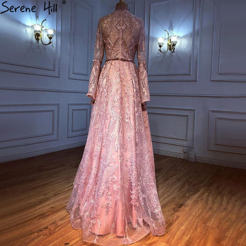 Muslim Pink Lace Beaded Evening Dresses Gowns 2025 A-Line Luxury For Women Wedding Party LA71247