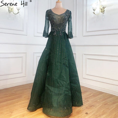 Vestidos de noche musulmanes de encaje rosa con cuentas y cristales, talla grande, corte A, de lujo, para mujer, fiesta, LA70773A 