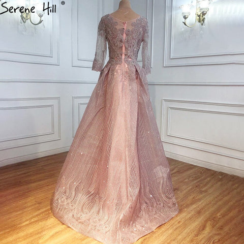 Vestidos de noche musulmanes de encaje rosa con cuentas y cristales, talla grande, corte A, de lujo, para mujer, fiesta, LA70773A 