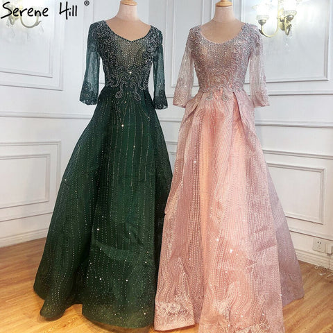 Vestidos de noche musulmanes de encaje rosa con cuentas y cristales, talla grande, corte A, de lujo, para mujer, fiesta, LA70773A 