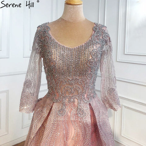 Vestidos de noche musulmanes de encaje rosa con cuentas y cristales, talla grande, corte A, de lujo, para mujer, fiesta, LA70773A 